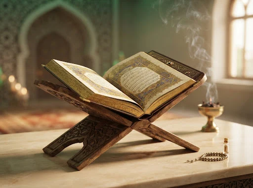 مصحف مفتوح على حامل خشبي في أجواء هادئة