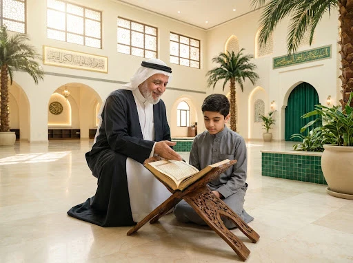معلم يرشد طالبًا أثناء قراءة القرآن في حلقة تعليمية